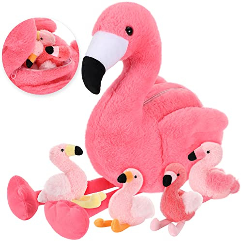 Skylety 18 Zoll Plüsch Pfau Kuscheltier Bauchtrage mit 4 Klein in Seinem Bauch mit Reißverschluss Plüschtier Tiere für Geburtstag Geschenke Zoo Party Deko (Flamingo)