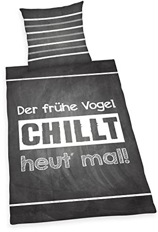 Herding Sprüche Bettwäsche, Kopfkissenbezug ca. 80x80 cm, Bettbezug ca. 135x200 cm, mit leichtläufigem Markenreißverschluss, 100% Baumwolle, Renforcé, Grey, White