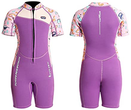 YuanDiann 2.5mm Kinder Neoprenanzug Shorty Neopren Thermal Jungen Mädchen Badeanzug Kurzarm Reißverschluss Schwimmen Surf Einteilige Kurz Taucheranzug Schnorchelanzug Violett 2# S