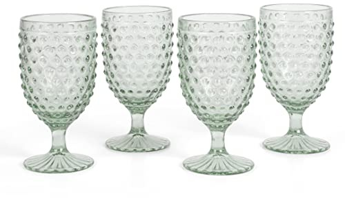 Martha Stewart Chauncey 4-Pack Hobnail Glass Goblets, 14.2 oz – Handmade Green Vintage Drinking Glasses, Textured Glassware for Water, Wine, or Entertaining