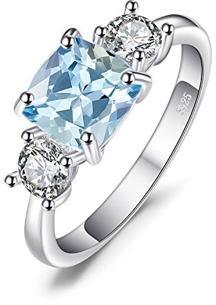 JewelryPalace Anillo de Compromiso Plata Mujer Topacio Azul Cielo Natural Corte Cojín, Anillo Promesa de Tres Piedras con Circonitas, Anillos Niña Plata de Ley 925 con Piedra, Conjunto Joyas Mujer 9