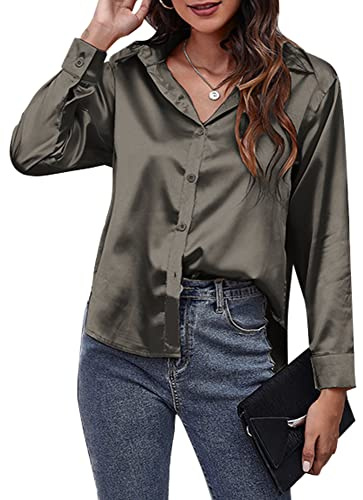Panegy Chemise en satin à manches longues pour femme - Haut de travail boutonné - Chemise semblable à la soie pour le bureau, gris, M