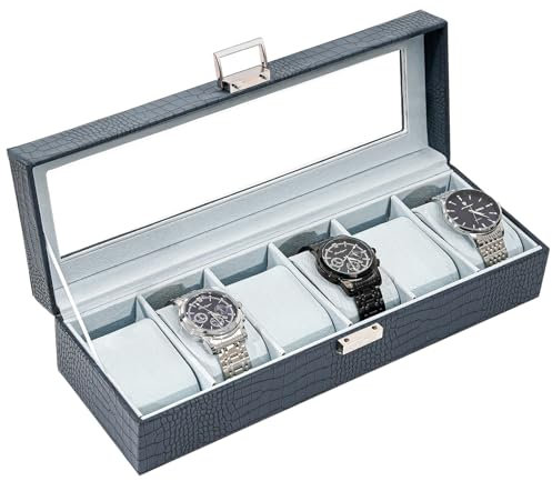 ProCase Uhrenbox mit 6 Fächern, Uhrenkasten mit Glasdeckel, Uhrenkoffer mit Uhrenkissen, Uhrenaufbewahrung, Premium-Uhrenschatulle, PU-Leder Uhrenkasten, Watch Box für Herren - 6 Fächer, Blau