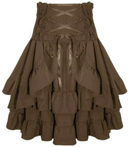 FEOYA Viktoriansk kjol kort gotisk steampunk kjol medeltida bustle kjol vintage piratkjol med dragsko och volanger halloween, BRUN, M
