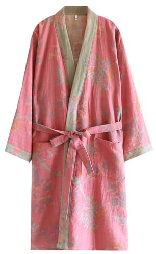 Chemise de nuit traditionnelle Hanfu en coton double gaze avec ceinture à nouer - Pyjama ample confortable - Sweat à vapeur - Kimono pour femme - Taille L (oiseau rose), rose, L-XL