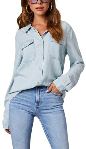 FeMereina Long Sleeve Denim Shirt Women Button Down Chambray Shirt Casual Snap Jean Shirts Blouse Top