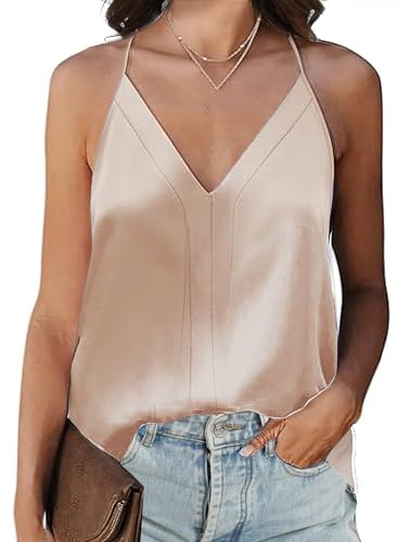 Koerye Camiseta Sin Mangas Mujer Cuello en V Camiseta Básica de Verano Elegante Top de satén Finos Ajustables con Camisola Sólida Blusas(Champán,XL)