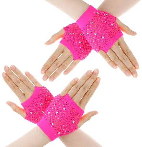 Lusofie 2 Pairs Fishnet Gloves Fingerless with Rhinestone for Kids Women Girls Short Fingerless Gloves for 80s 90s Halloween Party (Hot Pink)