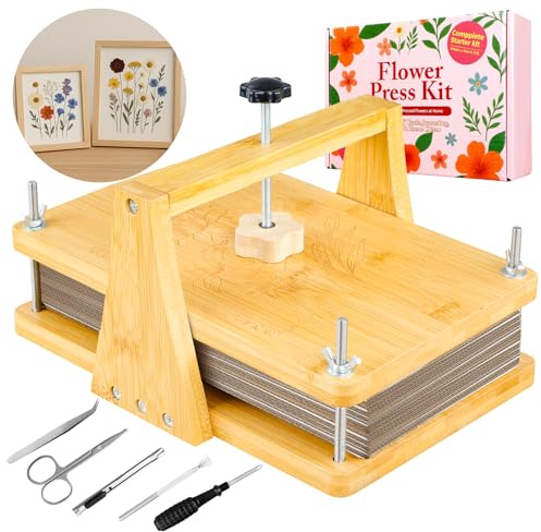 Kimimara Set Pressa per Fiori in Legno per Piante 28 x 18 cm, Set Fai da Te per Pressare e Seccare Fiori e Piante, Set per Bricolage Riutilizzabile per Adulti per gli Amanti della Natura (Maniglia di