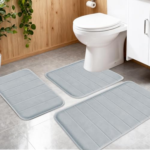 Badrumsmatta set 3 tallrikar, badmatta med halkfri rygg, mjuka duschdraperier, badmatta tvättbar och snabbtorkande, för dusch, toalett och badrum, 50 x 80 U-formad 50 x 60 40 x 60 cm (grå)