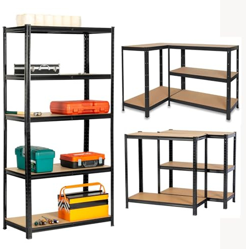 RYDR 5 Tier Heavy Duty Shelving Unit – 180 x 90 x 45cm Storage Shelves, Garage Shelving Units for Storage, Adjustable Metal Storage Unit with MDF Shelf Boards, Work Bench & Rack (Black)