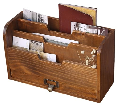 Brevställ, 3-fack i trä med låda, retro brun skrivbordsorganisatör för mappar, post, kuvert