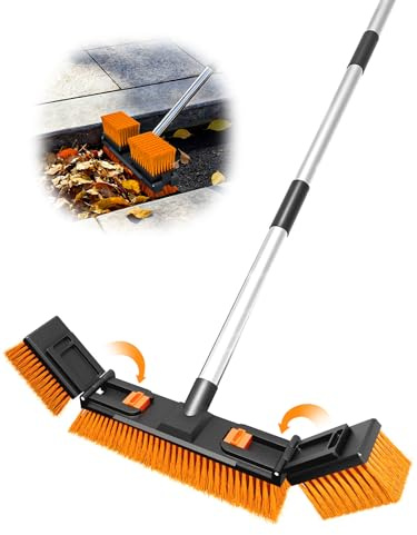 Escoba de empuje de cabeza ajustable de 47 cm para exteriores, mango de acero inoxidable grueso, mango ergonómico de cerdas rígidas, hormigón industrial, garaje, patio, jardín, terraza, entrada