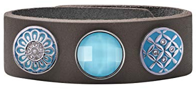 Quiges Damen 18mm Druckknopf Armband aus Leder Grau mit Blaue Click Buttons 18-20cm