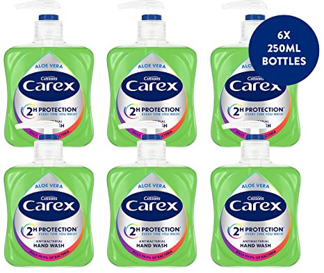 Carex 2 Hour Protection Antibacterial Aloe Vera Hand Wash, Added Natural Moisturisers, Gentle & Protects Hands, Bulk Buy, Pack of 6 x 250ml