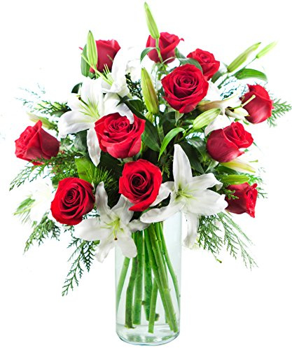KaBloom - Festive Blossoms Medley Bouquet of Noel Lilies and Roses - Fresh Flowers for Birthday, Valentine's & Mother's Day