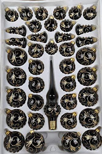 39 TLG. Glas-Weihnachtskugeln Set in Hochglanz Schwarz Goldene Ornamente - Edle Neuheit Christbaumkugeln - Weihnachtsschmuck - Christbaumschmuck