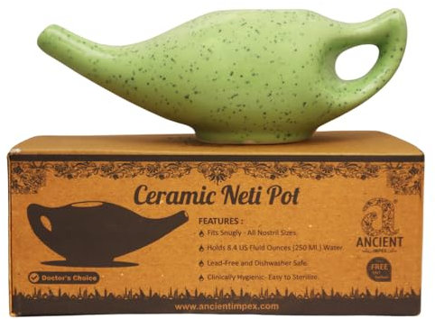 Ancient IMPEX Ceramic Neti Pot 250 ml (Green Freckle) with 5 Neti Salt Sachets | Nasal Rinse Pot for Sinus Drainage, Congestion, Allergy & Natural Nasal Cleansing