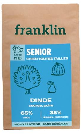 FRANKLIN – Croquettes pour Chien Senior – 65% de Dinde – sans Céréales – Mono-Protéine – Faible en Graisse & Peu calorique – Soutient Les Articulations – Fermeture Intégrée – Taille 13mm – 12 kg
