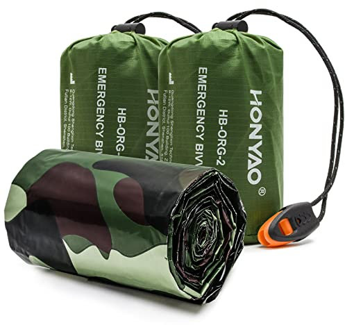 HONYAO Notfalldecke Schlafsack, Survival Biwaksack Erste Hilfe Rettungsdecken Wasserdicht Notfallzelt Ultraleicht Hitzeabweisend Kälteschutz mit Signalpfeifen, für Outdoor Camping Wandern, 2 Stück