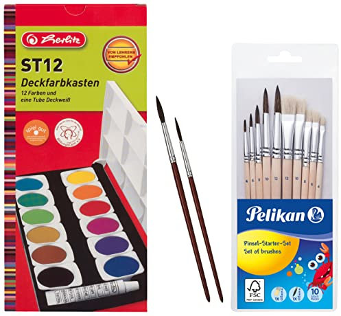 Herlitz 10116655 Schulmalfarben bzw. Deckfarbkasten, 12 Farben inklusive Deckwei? (Schulmalfarben + 12 Pinsel)