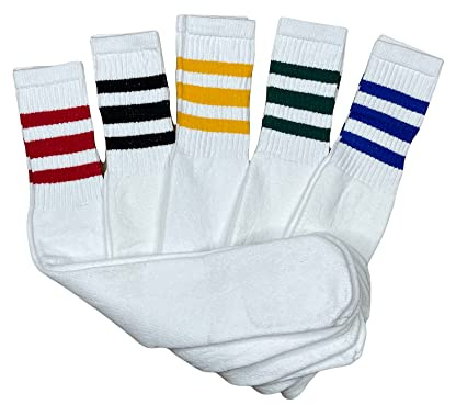 SuNi Apparel Striped Tube Socks Men - White Over The Calf Tube Socks Women - Athletic Retro Triple Stripe Knee High Sock