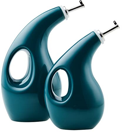 Rachael Ray Serveware Ceramic EVOO Oil and Vinegar Dispensing Bottle Set, 2 Piece, Teal