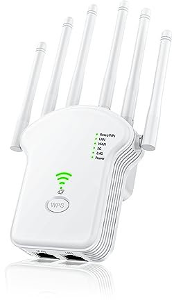 RULGOI WLAN Verstärker Repeater 1200Mbit/s (867MBit/s 5GHz + 300MBit/s 2,4GHz),WiFi Booster mit Repeater/Router/Access Point Modus,WiFi Range Extender Mit LAN/WAN Port,Geeignet für Zuhause, Büro.