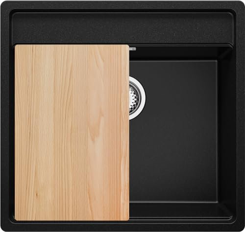 PRIMAGRAN Lavello da Cucina Nero 56x53cm, Lavandino in Granito a 1 vasca + Sifone Classico + Tagliere, Lavabo Incasso al mobile 60cm - Bergen S034