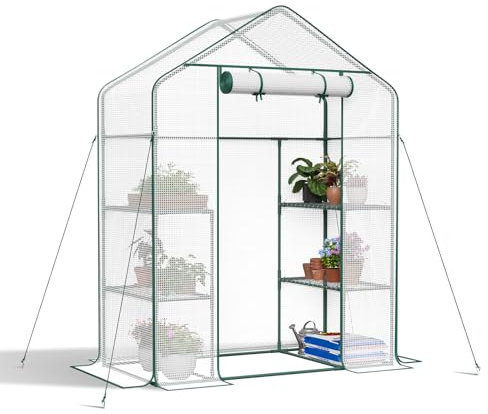 Amopatio Gewächshaus Foliengewächshaus, Gartengewächshäuser 143*73*195 cm, Tomatengewächshaus mit verstärkter PE-Abdeckung/Rolltor/Geschliffene Nägel, für Balkon, Garten, Weiß