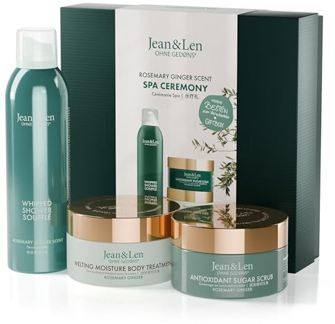 Jean & Len Spa Ceremony Giftbox Rosemary & Ginger, hochwertige Geschenkbox mit 3 hochwertigen Produkten, Produkte für Körper und Geist, Verpackung ist FSC zertifiziert, veganes Geschenkset