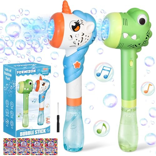 FORMIZON 2 Stück Automatische Seifenblasenpistole, Dinosaurier und Einhörner Elektrische Seifenblasenmaschine mit Licht & Musik, Seifenblasen Pistole für Kinder, Outdoor, Hochzeit, Party, Geburtstag