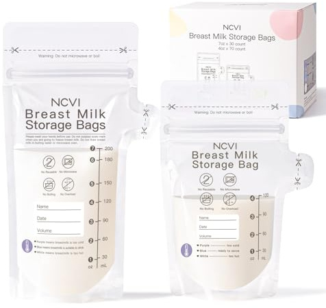 NCVI 4+7 oz Breastmilk Storage Bag Freezer for 0-3 Months, Breast Milk Feeding Bag with Temp-Sensing, Doubled-Sealed, Self Standing, Easy Pour Spout, BPA-Free, 4oz(70count)+7oz(30count)