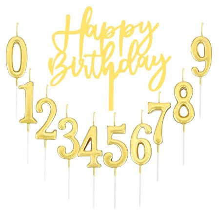 Bolosa 10 Stück Geburtstagskerzen Zahlen 0-9,1 Stück Acryl Glitter Cupcake Topper,Happy Birthday Goldene Tortendeko,Geburtstag Deko,Geburtstag Kerze Gold,Kuchen Deko für Mädchen, Kinder, Hochzeit