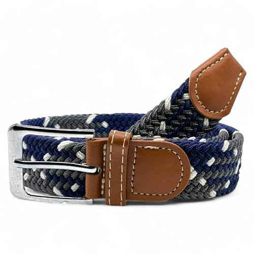 SEGMENTES Cinturón Elástico Hombre Mixa – Cinturón Trenzado Multicolor Ajustable, Sin Agujeros y Versátil – Confort y Estilo en Cintos Homen y Cinturón Mujer (Gris, Azul Marino y Blanco)