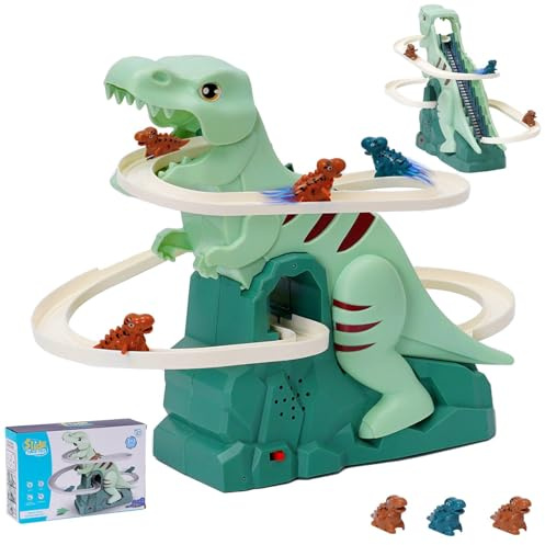 Race Track Toy Climbing Stairs Toys Roller Coaster Toy with LED Flashing Lights and Music Track Slide Toys with 3 Dinosaurs Race Car Sets Orbit Chasing Set Gift for Kids Toddlers Boys Girls