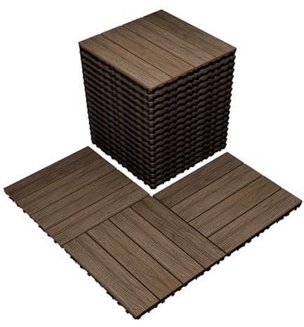 Feilingwood Composite Wood Patio Deck Tiles-12 x 12 Composite Deck Tiles 20 PCS, All Weather Waterproof Outdoor Interlocking Flooring Tile for Balcony, Backyard, Porch (Golden Teak)
