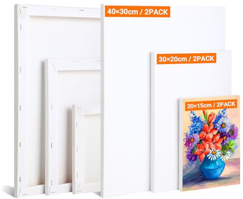 Keilrahmen Leinwand 6er Set - Leinwand zum Bemalen, 40×30, 30×20, 20×15(je 2 Stück), 100% Baumwolle, Fichtenholz Keilrahmen, Leinwände für Öl, Acryl, Aquarell, Struktur und Fluid Art Malerei