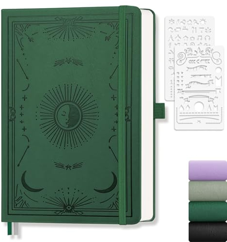 A5 Dotted Journal, Dark Green Faux Leather Hardcover Sun Moon Notebook | Retro Natural Art Notepad, 192 Pages, 100 GSM Thick Paper, for Women Daily Writing and Gifting, 14.5 x 21 cm