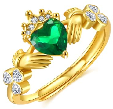 TANGPOET Claddagh Rings for Women Gold Plated 925 Sterling Silver Irish Rings Adjustable Clover Shamrock Green Heart Crown Mothers Day Jewellery Irish Gifts for Mom