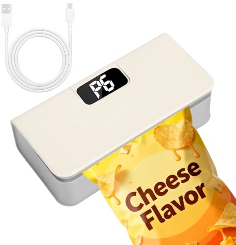 Syaws Mini Bag Sealer,Rechargeable Sealer Machine with LED Power Display,Heat Sealer and Cutter with 6 Adjustable Gears,Portable Bag Resealer for Chips Snacks Mylar Bags (White)
