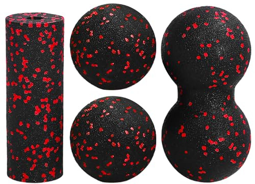 4-delad massageboll för självmassage, myofasciella bollar, jordnötsmassage boll, ryggrad och ben, lindra stress och slappna av trånga muskler (röd)