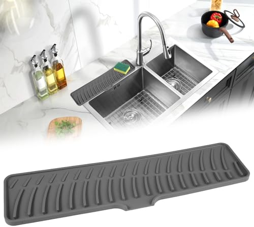Alfombrilla para Grifo de Silicona, 42 × 10 cm | Gris Alfombrilla de Silicona para Grifo, Alfombra para Fregadero Anti Goteo, Antideslizante Protector Fregadero para Proteger
