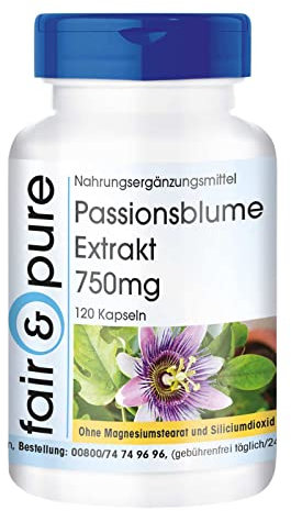 Fair & Pure Passionsblume Extrakt 2250mg pro Tagesdosis, 120 Kapseln, hochdosiert, Nahrungsergänzungsmittel vegan ohne Magnesiumstearat, in Deutschland hergestellt