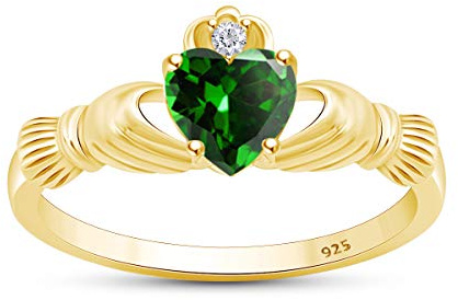 Claddagh Heart Ring for Women 6MM Emerald & White CZ In 925Y Silver,7