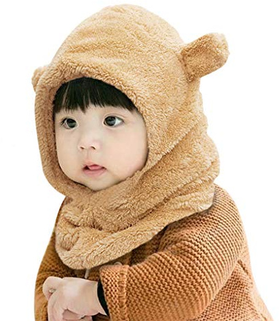 Bonnet et Écharpe Cache Oreilles pour Bébé Fille et Garçon - Cagoule Polaire Épais avec Motif d'Oreilles de Cartoon pour les Bébés de 3-24mois