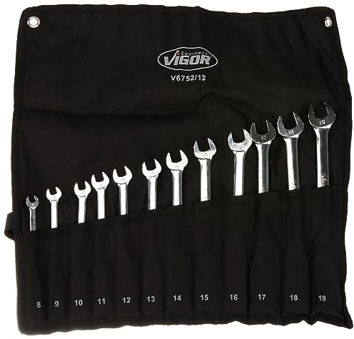 Vigor V6752/12 - Juego de llaves combinadas (doble articulación, mecanismo de carraca dentado fino en el lado del anillo, 12 piezas en práctica funda enrollable), color plateado