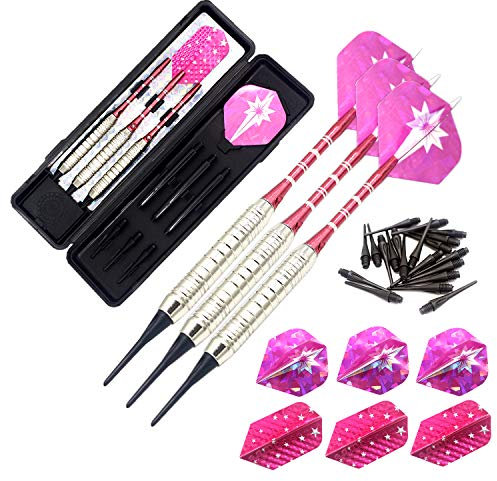 ROOBEEO Dart-Set mit weicher Spitze für elektronische Dartscheiben, 18/22 g, Kunststoffspitze, Dart-Set mit Messing-Barrels und Aluminium-Schäften, 6 Flights, 3 Ersatz-Kunststoff-Dart-Schäfte, 20