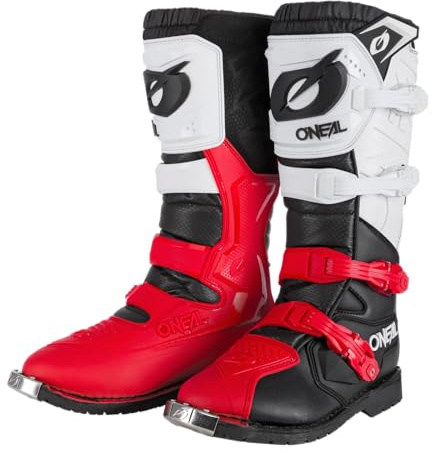 O'NEAL | Botas de Motocross | Motocicleta de Enduro | Confort gracias a la plantilla de aire, cuatro hebillas, material sintético | Botas Rider Pro | Adulto | Negro Blanco Rojo | Talla 39