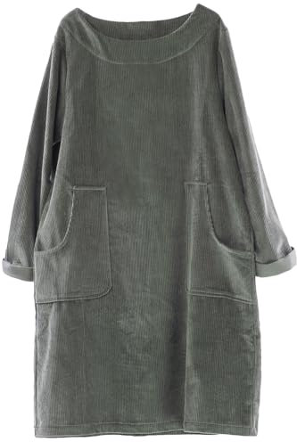 FTCayanz Damen Corduroy Tunika Kleider Rundhals Langarm Oversize Pullover Lange Cordkleid mit Taschen Armeegrün L